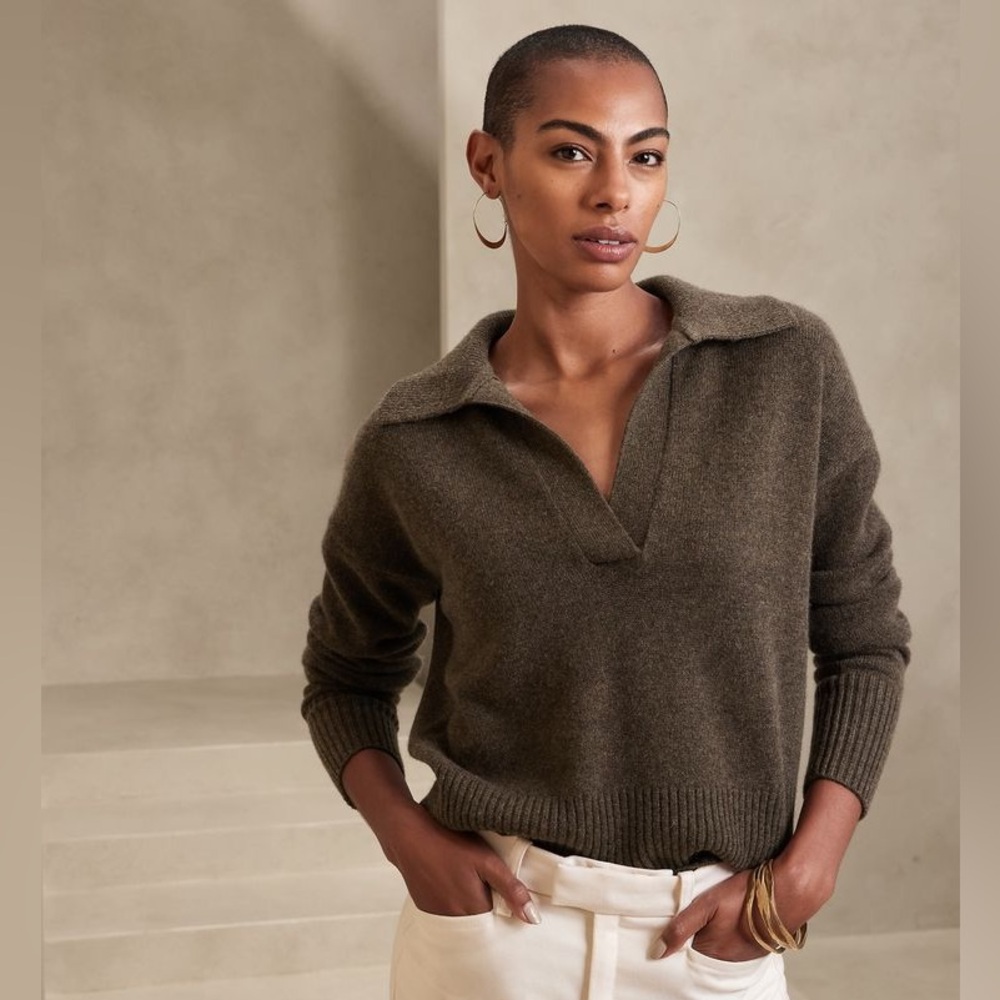Banana Republic Luna V-Neck Collared Brown Cashmere Sweater